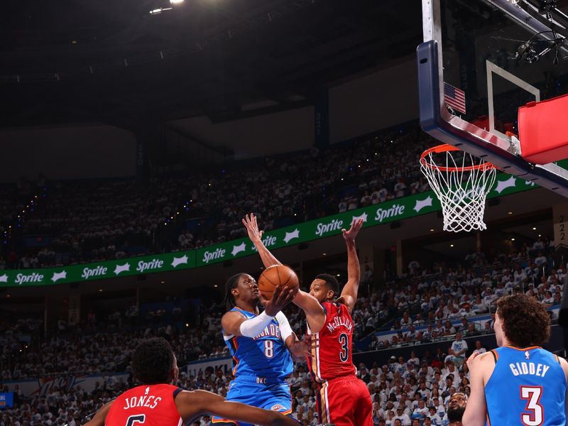 OKLAHOMA CITY, OK - APRIL 24: Jalen Williams #8 of the Oklahoma City Thunder drives to the basket during the game against the New Orleans Pelicans during Round 1 Game 2 of the 2024 NBA Playoffs on April 24, 2024 at Paycom Arena in Oklahoma City, Oklahoma. NOTE TO USER: User expressly acknowledges and agrees that, by downloading and or using this photograph, User is consenting to the terms and conditions of the Getty Images License Agreement. Mandatory Copyright Notice: Copyright 2024 NBAE (Photo by Zach Beeker/NBAE via Getty Images)