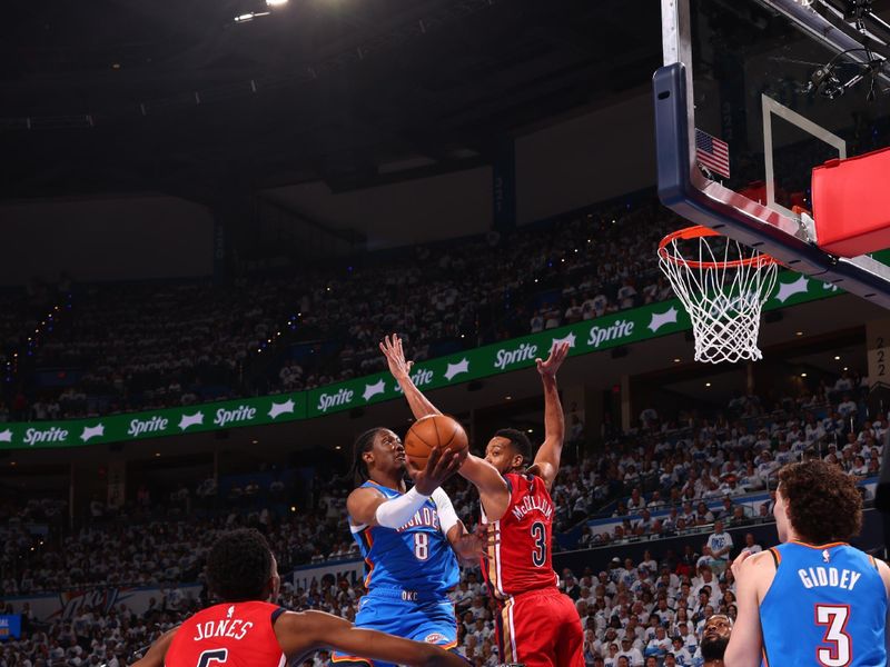 OKLAHOMA CITY, OK - APRIL 24: Jalen Williams #8 of the Oklahoma City Thunder drives to the basket during the game against the New Orleans Pelicans during Round 1 Game 2 of the 2024 NBA Playoffs on April 24, 2024 at Paycom Arena in Oklahoma City, Oklahoma. NOTE TO USER: User expressly acknowledges and agrees that, by downloading and or using this photograph, User is consenting to the terms and conditions of the Getty Images License Agreement. Mandatory Copyright Notice: Copyright 2024 NBAE (Photo by Zach Beeker/NBAE via Getty Images)