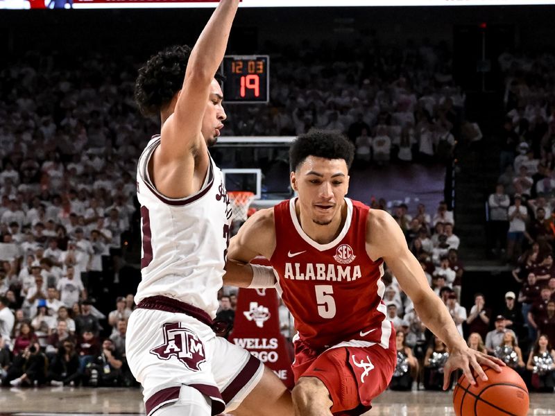 Mar 4, 2023; College Station, Texas, USA; Alabama Crimson Tide guard Jahvon Quinerly (5) controls the ball against Texas A&M Aggies guard Andre Gordon (20) during the first half at Reed Arena. Mandatory Credit: Maria Lysaker-USA TODAY Sports