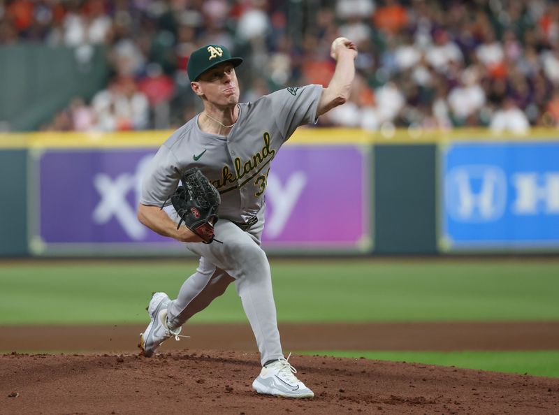 Sep 10, 2024; Houston, Texas, USA; Oakland Athletics starting pitcher JP Sears (38) pitches against the Houston Astros in the first inning at Minute Maid Park. Mandatory Credit: Thomas Shea-Imagn Images