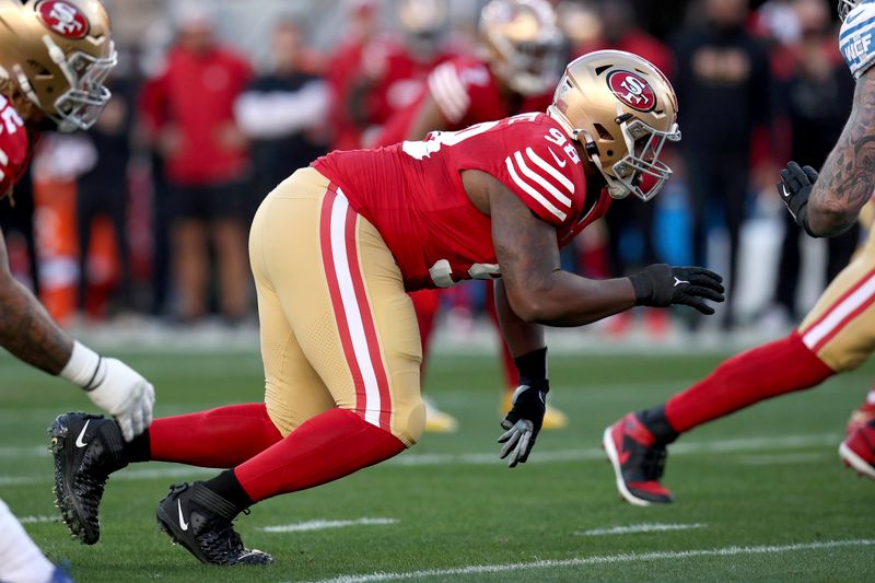 San Francisco 49ers defensive tackle Javon Hargrave (98) rushes during the NFC Championship NFL football game against the Detroit Lions in Santa Clara, Calif., Sunday, Jan. 28, 2024. (AP Photo/Scot Tucker)