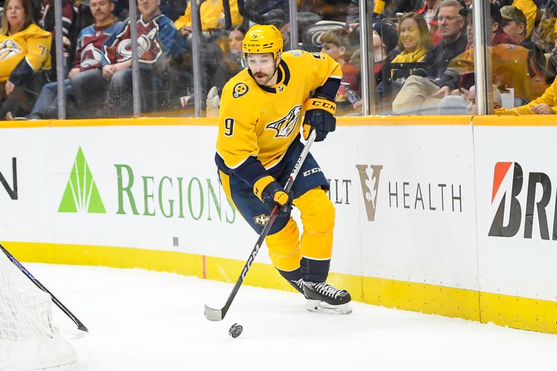 Nov 20, 2023; Nashville, Tennessee, USA;  Nashville Predators left wing Filip Forsberg (9) skates against the Colorado Avalanche during the third period at Bridgestone Arena. Mandatory Credit: Steve Roberts-USA TODAY Sports