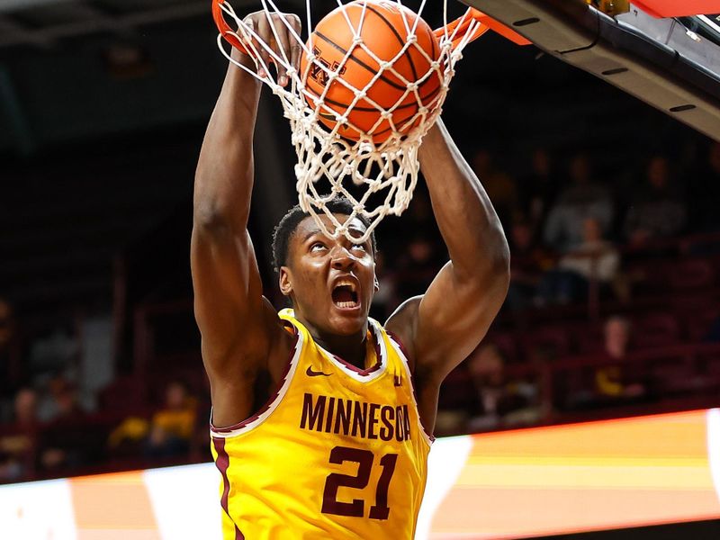 Dec 12, 2023; Minneapolis, Minnesota, USA; Minnesota Golden Gophers forward Pharrel Payne (21) dunks against the IUPUI Jaguars during the first half at Williams Arena. Mandatory Credit: Matt Krohn-USA TODAY Sports