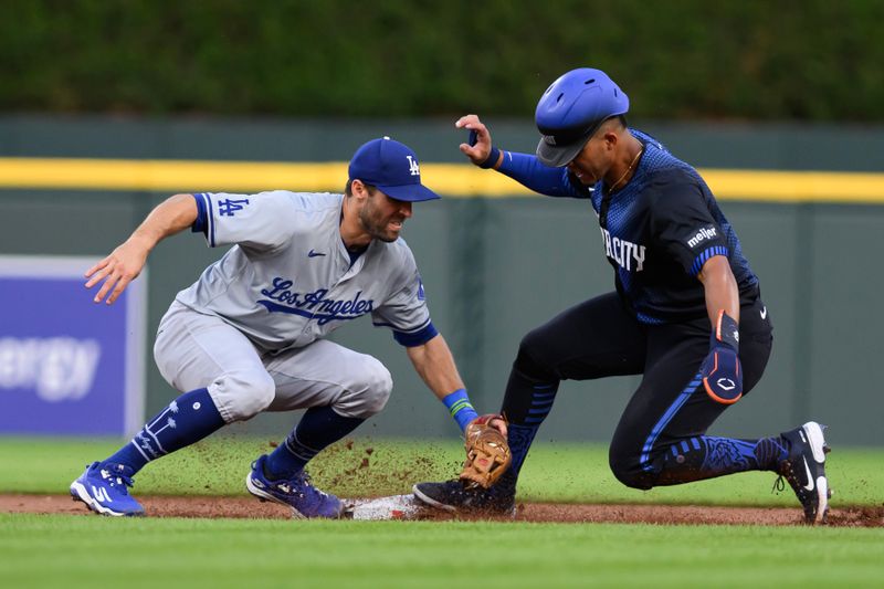 Jul 12, 2024; Detroit, Michigan, USA; (Editors Notes: Caption Correction) Detroit Tigers outfielder Wenceel Perez (46) attempts to slide into second base for a steal as Los Angeles Dodgers second baseman Chris Taylor (3) puts on the tag in the seventh inning at Comerica Park. Mandatory Credit: Lon Horwedel-USA TODAY Sports