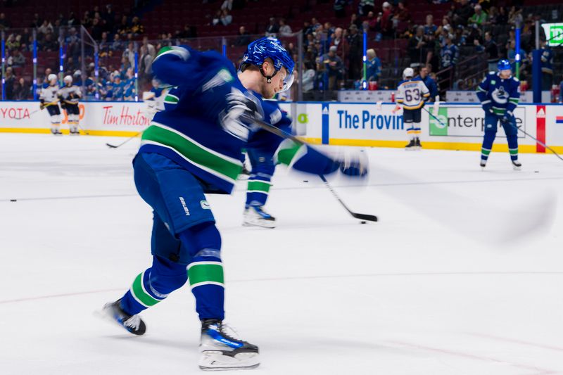 Jan 24, 2024; Vancouver, British Columbia, CAN; Vancouver Canucks forward Elias Pettersson (40) shoots during warm up prior to a game against the St. Louis Blues at Rogers Arena. Mandatory Credit: Bob Frid-USA TODAY Sports