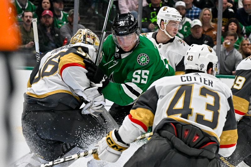 Dec 9, 2023; Dallas, Texas, USA; Dallas Stars defenseman Thomas Harley (55) crashes into Vegas Golden Knights goaltender Logan Thompson (36) during the second period at the American Airlines Center. Mandatory Credit: Jerome Miron-USA TODAY Sports