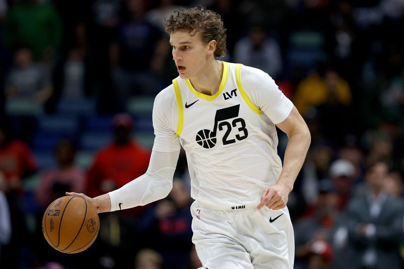 NEW ORLEANS, LOUISIANA - JANUARY 23: Lauri Markkanen #23 of the Utah Jazz dribbles the ball down court during the first quarter of an NBA game against the New Orleans Pelicans at Smoothie King Center on January 23, 2024 in New Orleans, Louisiana. NOTE TO USER: User expressly acknowledges and agrees that, by downloading and or using this photograph, User is consenting to the terms and conditions of the Getty Images License Agreement. (Photo by Sean Gardner/Getty Images)