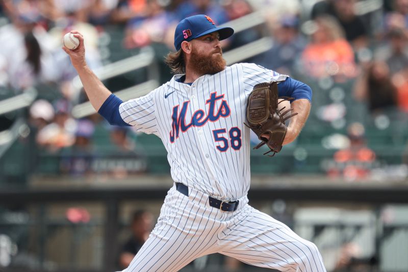 Aug 18, 2024; New York City, New York, USA; New York Mets starting pitcher Paul Blackburn (58) delivers a pitch during the first inning against the Miami Marlins at Citi Field. Mandatory Credit: Vincent Carchietta-USA TODAY Sports