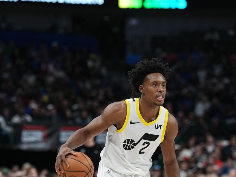 DALLAS, TX - MARCH 21: Colin Sexton #2 of the Utah Jazz dribbles the ball during the game against the Dallas Mavericks on March 21, 2024 at the American Airlines Center in Dallas, Texas. NOTE TO USER: User expressly acknowledges and agrees that, by downloading and or using this photograph, User is consenting to the terms and conditions of the Getty Images License Agreement. Mandatory Copyright Notice: Copyright 2024 NBAE (Photo by Glenn James/NBAE via Getty Images)