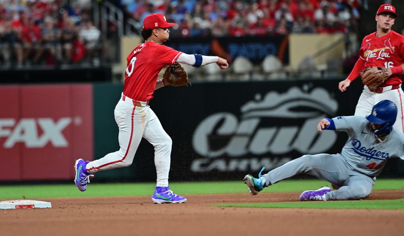 Aug 17, 2024; St. Louis, Missouri, USA; St. Louis Cardinals shortstop Masyn Winn (0) throws to first base, trying for a double play against the Los Angeles Dodgers at Busch Stadium in the seventh inning, but only got Los Angeles Dodgers outfielder Andy Pages (44, right) out. Mandatory Credit: Tim Vizer-USA TODAY Sports
