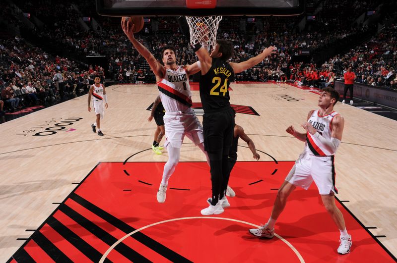 PORTLAND, OR - OCTOBER 18: Deni Avdija #8 of the Portland Trail Blazers drives to the basket during the game against the Utah Jazz on October 18, 2024 at the Moda Center Arena in Portland, Oregon. NOTE TO USER: User expressly acknowledges and agrees that, by downloading and or using this photograph, user is consenting to the terms and conditions of the Getty Images License Agreement. Mandatory Copyright Notice: Copyright 2024 NBAE (Photo by Cameron Browne/NBAE via Getty Images)