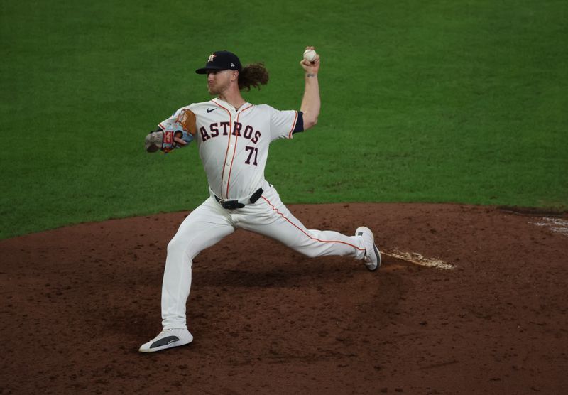 Sep 19, 2024; Houston, Texas, USA; Houston Astros relief pitcher Josh Hader (71) pitches against Los Angeles Angels in the ninth inning at Minute Maid Park. Mandatory Credit: Thomas Shea-Imagn Images