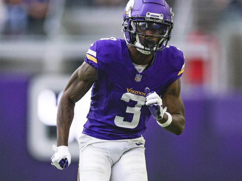 Minnesota Vikings wide receiver Jordan Addison (3) in action during the second half of an NFL football game against the Los Angeles Chargers, Sunday, Sept.24, 2023 in Minneapolis. (AP Photo/Stacy Bengs)