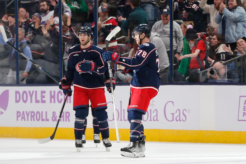 Nov 16, 2023; Columbus, Ohio, USA; Columbus Blue Jackets defenseman Damon Severson (78) celebrates his goal against the Arizona Coyotes during the third period at Nationwide Arena. Mandatory Credit: Russell LaBounty-USA TODAY Sports