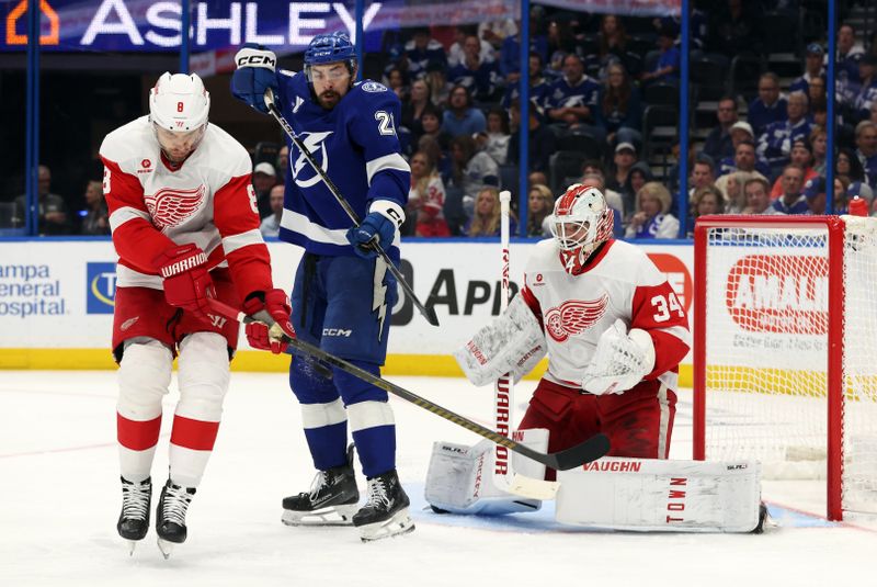 Apr 11, 2025; Tampa, Florida, USA; Detroit Red Wings defenseman Ben Chiarot (8) and Detroit Red Wings goaltender Alex Lyon (34) defend the puck from Tampa Bay Lightning left wing Nick Paul (20) during the third period at Amalie Arena. Mandatory Credit: Kim Klement Neitzel-Imagn Images