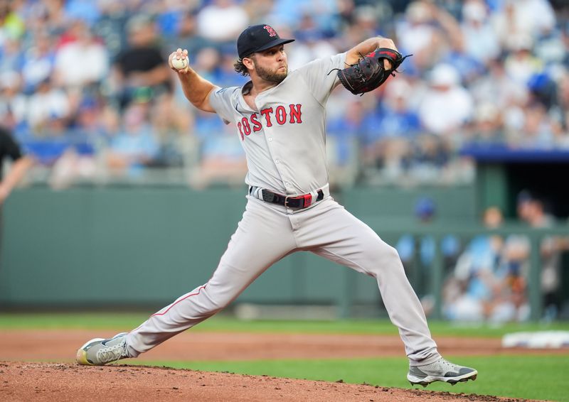 Aug 7, 2024; Kansas City, Missouri, USA; Boston Red Sox starting pitcher Kutter Crawford (50) pitches during the first inning against the Kansas City Royals at Kauffman Stadium. Mandatory Credit: Jay Biggerstaff-USA TODAY Sports