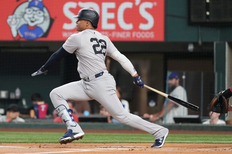 Sep 3, 2024; Arlington, Texas, USA; New York Yankees right fielder Juan Soto (22) bats against the Texas Rangers during the first inning at Globe Life Field. Mandatory Credit: Jim Cowsert-Imagn Images