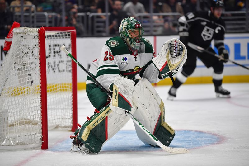 Mar 20, 2024; Los Angeles, California, USA; Minnesota Wild goaltender Marc-Andre Fleury (29) defends the goal against the Los Angeles Kings during the second period at Crypto.com Arena. Mandatory Credit: Gary A. Vasquez-USA TODAY Sports