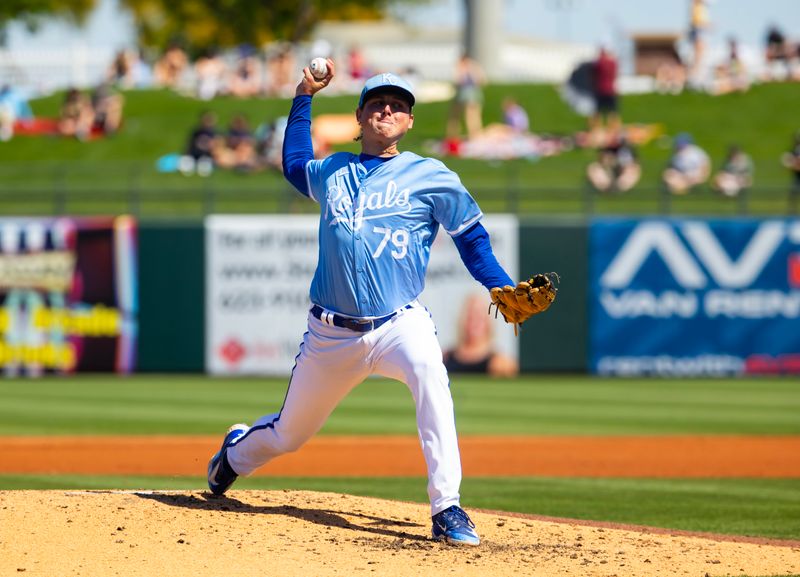 Mar 21, 2024; Surprise, Arizona, USA; Kansas City Royals pitcher Andrew Hoffmann against the Chicago White Sox during a spring training baseball game at Surprise Stadium. Mandatory Credit: Mark J. Rebilas-USA TODAY Sports