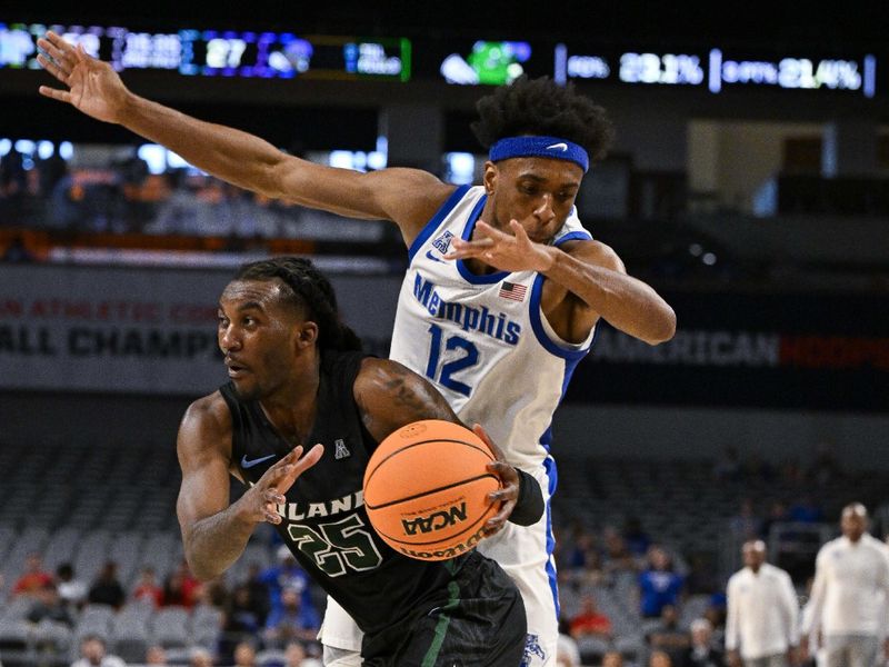 Mar 11, 2023; Fort Worth, TX, USA; Tulane Green Wave guard Jaylen Forbes (25) drives to the basket past Memphis Tigers forward DeAndre Williams (12) during the second half at Dickies Arena. Mandatory Credit: Jerome Miron-USA TODAY Sports