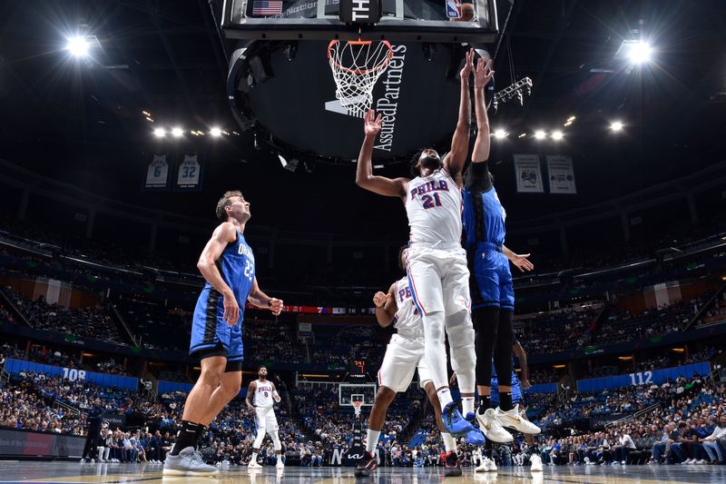 ORLANDO, FL - NOVEMBER 15: Joel Embiid #21 of the Philadelphia 76ers shoots the ball during the game against the Orlando Magic during the Emirates NBA Cup game on  November 15, 2024 at Kia Center in Orlando, Florida. NOTE TO USER: User expressly acknowledges and agrees that, by downloading and or using this photograph, User is consenting to the terms and conditions of the Getty Images License Agreement. Mandatory Copyright Notice: Copyright 2024 NBAE (Photo by Fernando Medina/NBAE via Getty Images)