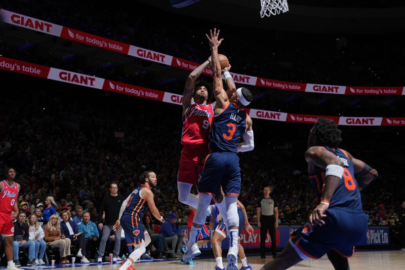 PHILADELPHIA, PA - APRIL 28: Kelly Oubre Jr. #9 of the Philadelphia 76ers drives to the basket during the game against the New York Knicks during Round 1 Game 4 of the 2024 NBA Playoffs on April 28, 2024 at the Wells Fargo Center in Philadelphia, Pennsylvania NOTE TO USER: User expressly acknowledges and agrees that, by downloading and/or using this Photograph, user is consenting to the terms and conditions of the Getty Images License Agreement. Mandatory Copyright Notice: Copyright 2024 NBAE (Photo by Jesse D. Garrabrant/NBAE via Getty Images)