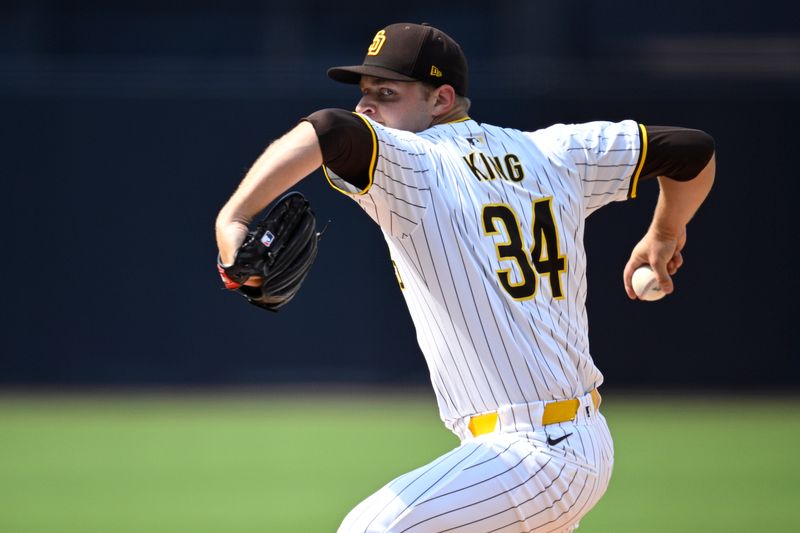 Jul 10, 2024; San Diego, California, USA; San Diego Padres starting pitcher Michael King (34) pitches against the Seattle Mariners during the first inning at Petco Park. Mandatory Credit: Orlando Ramirez-USA TODAY Sports