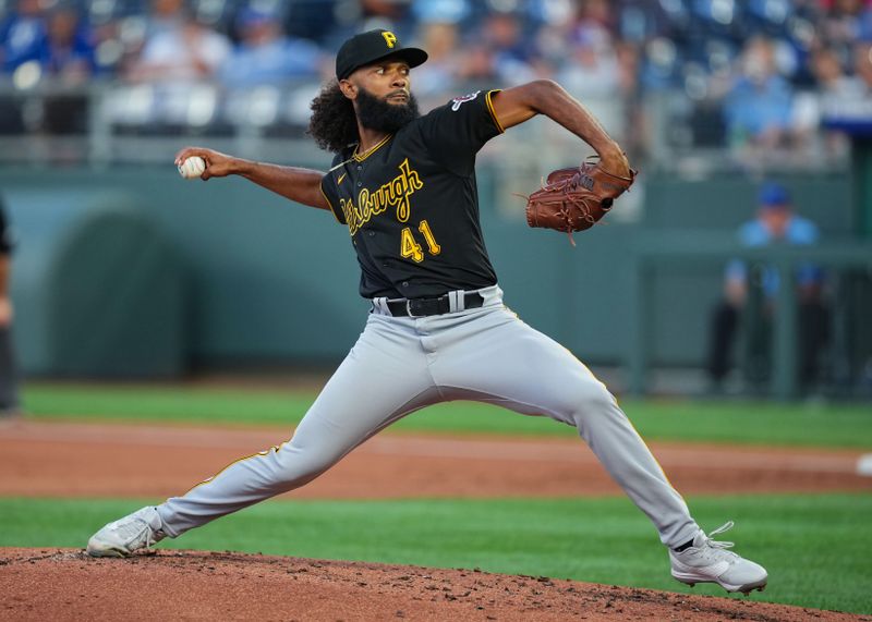 Aug 30, 2023; Kansas City, Missouri, USA; Pittsburgh Pirates starting pitcher Andre Jackson (41) pitches during the first inning against the Kansas City Royals at Kauffman Stadium. Mandatory Credit: Jay Biggerstaff-USA TODAY Sports