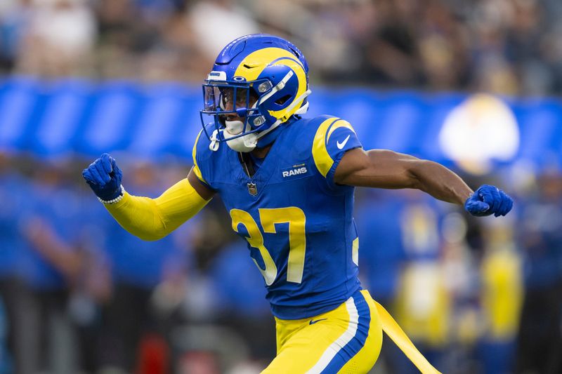 Los Angeles Rams safety Quentin Lake (37) runs during an NFL preseason football game against the Los Angeles Chargers, Saturday, Aug. 12, 2023, in Inglewood, Calif. (AP Photo/Kyusung Gong)