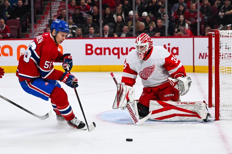 Dec 2, 2023; Montreal, Quebec, CAN; Montreal Canadiens right wing Jesse Ylonen (56) misses his shot against Detroit Red Wings goalie Ville Husso (35) during the first period at Bell Centre. Mandatory Credit: David Kirouac-USA TODAY Sports