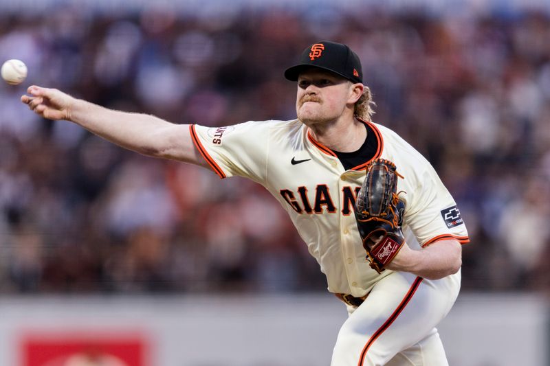 May 15, 2024; San Francisco, California, USA; San Francisco Giants starting pitcher Logan Webb (62) throws against the Los Angeles Dodgers during the third inning at Oracle Park. Mandatory Credit: John Hefti-USA TODAY Sports