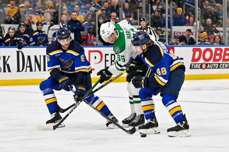 Dec 27, 2023; St. Louis, Missouri, USA;  St. Louis Blues defenseman Marco Scandella (6) and defenseman Scott Perunovich (48) defend against Dallas Stars defenseman Thomas Harley (55) during the first period at Enterprise Center. Mandatory Credit: Jeff Curry-USA TODAY Sports