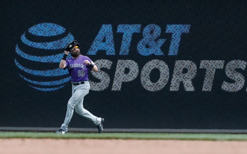 May 10, 2023; Pittsburgh, Pennsylvania, USA;  Colorado Rockies right fielder Charlie Blackmon (19) catches a ball hit by Pittsburgh Pirates right fielder Connor Joe (not pictured) for an out during the ninth inning at PNC Park. Colorado won 4-3. Mandatory Credit: Charles LeClaire-USA TODAY Sports