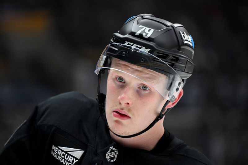 Mar 28, 2026; Los Angeles, California, USA; Los Angeles Kings center Samuel Helenius (79) skates on the ice during the second period against the Utah Mammoth at Crypto.com Arena. Mandatory Credit: Griffin Hooper-Imagn Images
Mar 28, 2026; Los Angeles, California, USA; Los Angeles Kings center Samuel Helenius (79) skates on the ice during the second period against the Utah Mammoth at Crypto.com Arena. Mandatory Credit: Griffin Hooper-Imagn Images