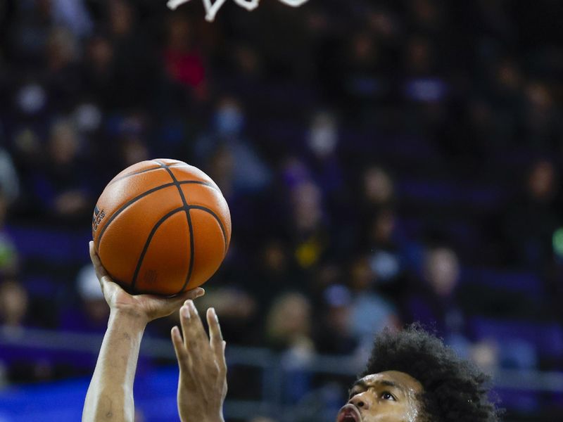 Feb 18, 2023; Seattle, Washington, USA; Washington Huskies forward Keion Brooks (1) attempts a layup against the Oregon State Beavers during the first half at Alaska Airlines Arena at Hec Edmundson Pavilion. Mandatory Credit: Joe Nicholson-USA TODAY Sports