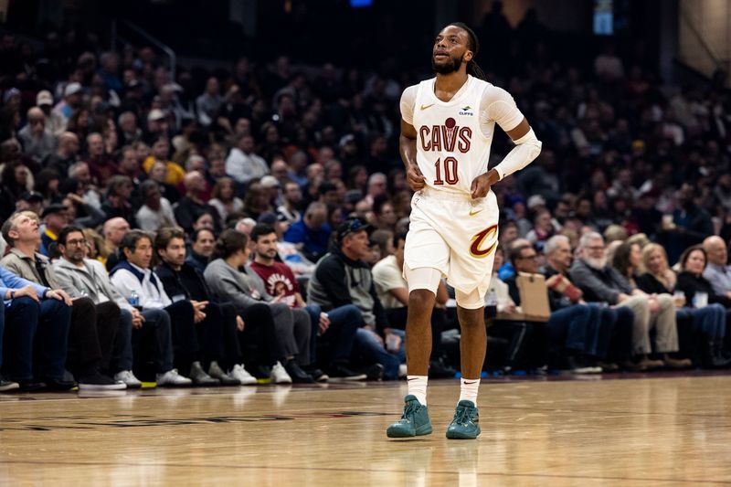 CLEVELAND, OHIO - FEBRUARY 22: Darius Garland #10 of the Cleveland Cavaliers walks down the court during a time out during the first quarter of the game against the Cleveland Cavaliers at Rocket Mortgage Fieldhouse on February 22, 2024 in Cleveland, Ohio. NOTE TO USER: User expressly acknowledges and agrees that, by downloading and or using this photograph, User is consenting to the terms and conditions of the Getty Images License Agreement. (Photo by Lauren Leigh Bacho/Getty Images)