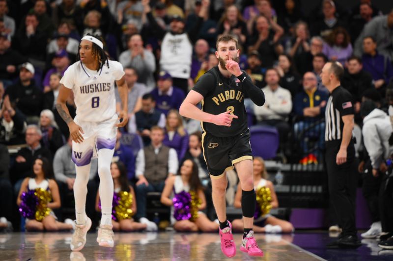 Jan 15, 2025; Seattle, Washington, USA; Purdue Boilermakers guard Braden Smith (3) celebrates after making a basket against the Washington Huskies during the second half at Alaska Airlines Arena at Hec Edmundson Pavilion. Mandatory Credit: Steven Bisig-Imagn Images