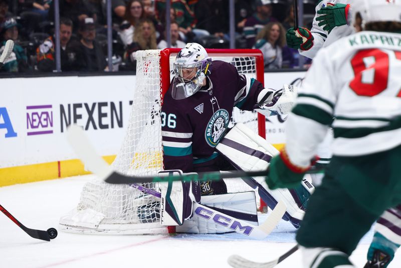 Mar 19, 2024; Anaheim, California, USA; Anaheim Ducks goaltender John Gibson (36) looks on against the Minnesota Wild during the first period of a game at Honda Center. Mandatory Credit: Jessica Alcheh-USA TODAY Sports