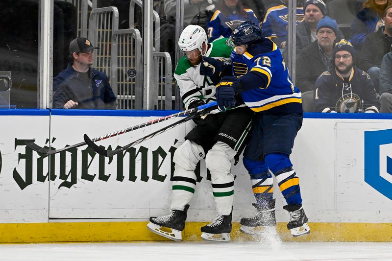 Dec 27, 2023; St. Louis, Missouri, USA;  St. Louis Blues defenseman Justin Faulk (72) checks Dallas Stars defenseman Jani Hakanpaa (2) during the third period at Enterprise Center. Mandatory Credit: Jeff Curry-USA TODAY Sports