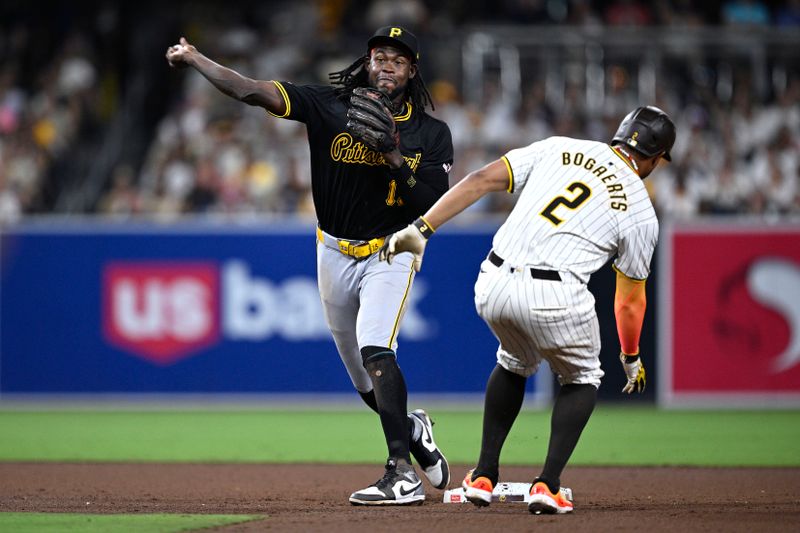 Aug 12, 2024; San Diego, California, USA; Pittsburgh Pirates shortstop Oneil Cruz (15) throws to first base after forcing out San Diego Padres second baseman Xander Bogaerts (2) at second base to complete a double play during the seventh inning at Petco Park. Mandatory Credit: Orlando Ramirez-USA TODAY Sports