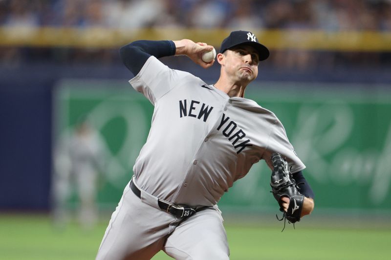 Jul 10, 2024; St. Petersburg, Florida, USA; New York Yankees pitcher Clay Holmes (35) throws a pitch against the Tampa Bay Rays in the ninth inning at Tropicana Field. Mandatory Credit: Nathan Ray Seebeck-USA TODAY Sports