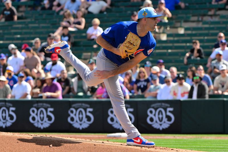 Feb 26, 2026; Tempe, Arizona, USA; Chicago Cubs pitcher Matthew Boyd (16) throws a pitch in the first inning against the Los Angeles Angels at Tempe Diablo Stadium. Mandatory Credit: Matt Kartozian-Imagn Images