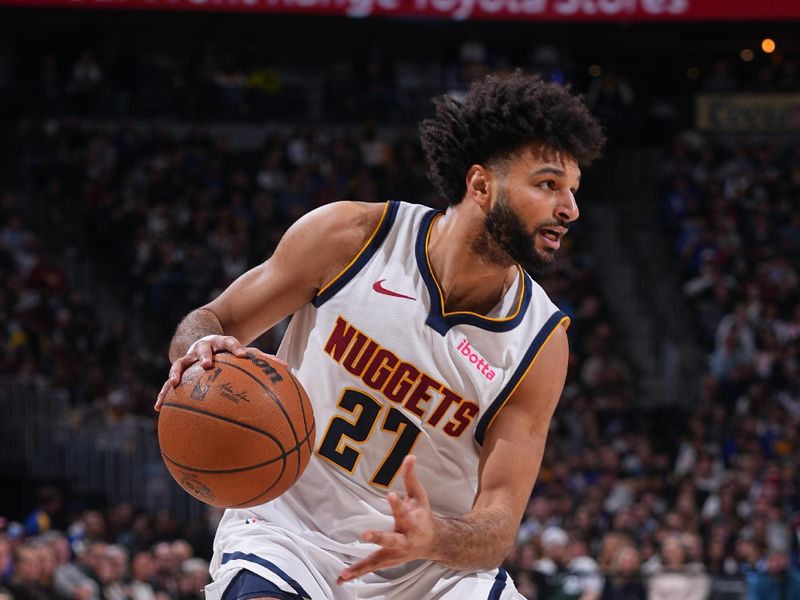 DENVER, CO - JANUARY 3: Jamal Murray #27 of the Denver Nuggets dribbles the ball during the game against the San Antonio Spurs on January 3, 2025 at Ball Arena in Denver, Colorado. NOTE TO USER: User expressly acknowledges and agrees that, by downloading and/or using this Photograph, user is consenting to the terms and conditions of the Getty Images License Agreement. Mandatory Copyright Notice: Copyright 2025 NBAE (Photo by Bart Young/NBAE via Getty Images)