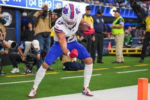 Buffalo Bills wide receiver Mack Hollins reacts after scoring a touchdown against the Los Angeles Rams during the second half of an NFL football game, Sunday, Dec. 8, 2024, in Inglewood, Calif. (AP Photo/Eric Thayer)