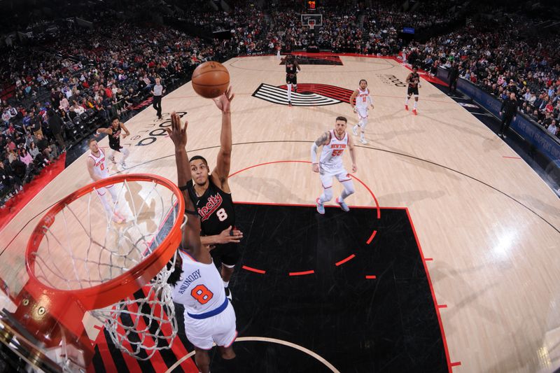 PORTLAND, OR - MARCH 14: Kris Murray #8 of the Portland Trail Blazers shoots the ball during the game against the New York Knicks on March 14, 2024 at the Moda Center Arena in Portland, Oregon. NOTE TO USER: User expressly acknowledges and agrees that, by downloading and or using this photograph, user is consenting to the terms and conditions of the Getty Images License Agreement. Mandatory Copyright Notice: Copyright 2024 NBAE (Photo by Cameron Browne/NBAE via Getty Images)