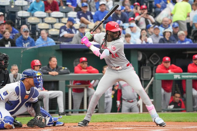 May 27, 2025; Kansas City, Missouri, USA; Cincinnati Reds shortstop Elly De La Cruz (44) at bat against the Kansas City Royals during the first inning at Kauffman Stadium. Mandatory Credit: Denny Medley-Imagn Images