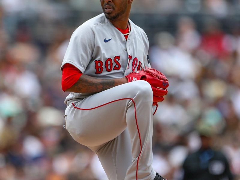 May 21, 2023; San Diego, California, USA;  Boston Red Sox relief pitcher Joely Rodriguez (57) throws a pitch in the seventh inning against the San Diego Padres at Petco Park. Mandatory Credit: David Frerker-USA TODAY Sports