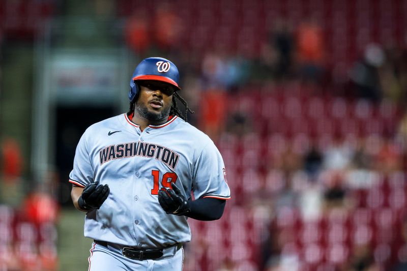 May 2, 2025; Cincinnati, Ohio, USA; Washington Nationals designated hitter Josh Bell (19) runs the bases after hitting a solo home run in the fifth inning against the Cincinnati Reds at Great American Ball Park. Mandatory Credit: Katie Stratman-Imagn Images