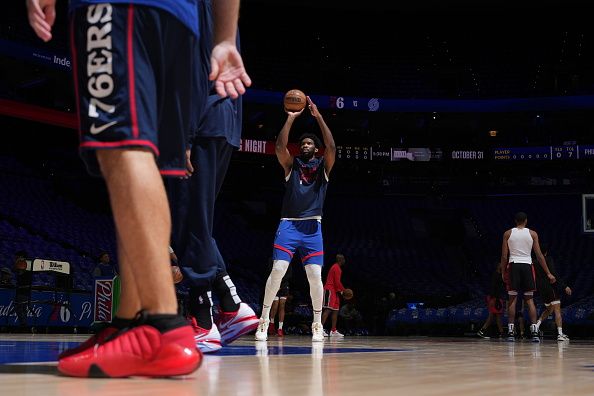 PHILADELPHIA, PA - OCTOBER 29: Joel Embiid #21 of the Philadelphia 76ers warms up before the game against the Portland Trail Blazers on October 29, 2023 at the Wells Fargo Center in Philadelphia, Pennsylvania NOTE TO USER: User expressly acknowledges and agrees that, by downloading and/or using this Photograph, user is consenting to the terms and conditions of the Getty Images License Agreement. Mandatory Copyright Notice: Copyright 2023 NBAE (Photo by Jesse D. Garrabrant/NBAE via Getty Images)