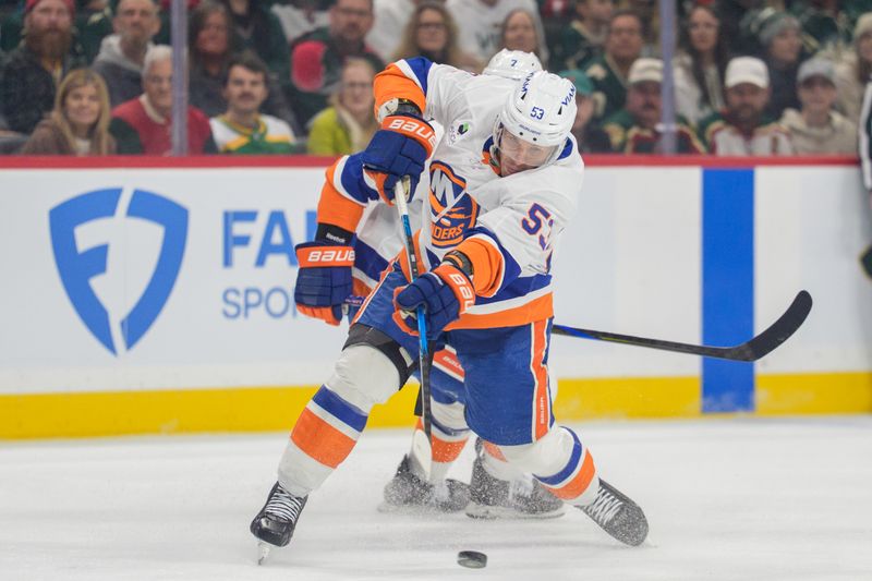 Jan 10, 2026; Saint Paul, Minnesota, USA; New York Islanders center Casey Cizikas (53) shoots against the Minnesota Wild in the first period at Grand Casino Arena. Mandatory Credit: Matt Blewett-Imagn Images